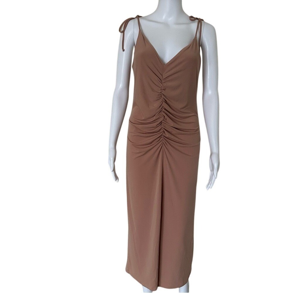 Lanston Revolve Ruched V Neck Front Slit Stretchy Cami Dress In Coffee Color Xs